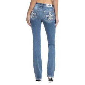 MISS ME Women's Shelly Fleur De Lis Dark Blue 34L Embellished Pockets Mid-Rise Slim Bootcut Jeans (M9439SBL)