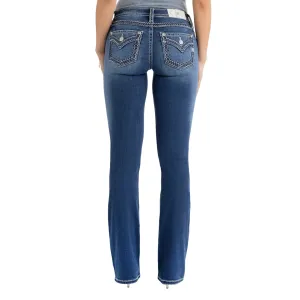 MISS ME Women's Silver Stitch Dark Blue Classic Mid Rise 30in Bootcut Jeans with Faux Flap Pockets (M5014B431S)