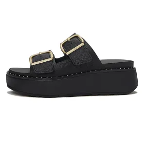 FITFLOP Women's GEN-FF Max Buckle Tumbled-Leather All Black Two-Bar Slides (A3G-090)