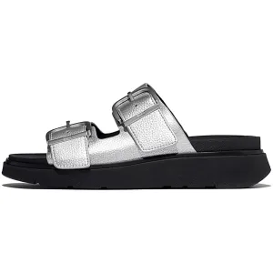 FITFLOP Women's GEN-FF Buckle Metallic Tumbled-Leather Silver Two-Bar Slides (A2T-011)