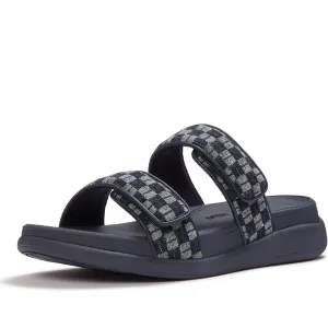FITFLOP Women's F-Mode Go Adjustable Checkerboard-Denim Two-Bar Slides (A1I)