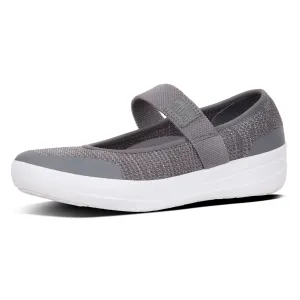 FITFLOP Women's Uberknit Mary Janes Metallic Weave Charcoal/Metallic Pewter Ballet Flats (L28-551)