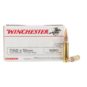 Winchester USA White Box 7.62x51 NATO 149gr M80 FMJ Ammo - Box of 20