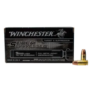 Winchester USA Super Suppressed 9mm 147gr FMJ Subsonic Ammo - Box of 50