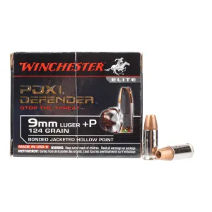 Winchester Defender 9mm 124gr +P Bonded Jacketed HP Ammo - Box of 20