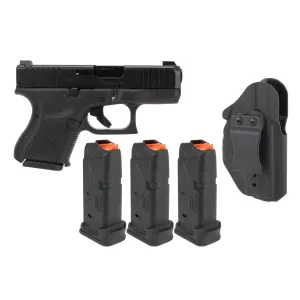 Glock Blue Label 26 Gen 5 9mm with Night Sights and LAG Tactical The Liberator MK II Ambidextrous Holster and three Magpul PMAG 12 GL9 12 round magazines