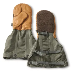 U.S. Military Surplus Fur Backed Nylon Leather Flyers Mitts with Wool Liners New