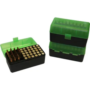 MTM Ammo Box 50rd Flip-Top 22-250, 6mm,7mm Clr-Grn/Blk