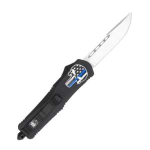 COBRATEC Medium Blue Line Punisher Auto OTF Knife 3" D2 Steel Blade | Black Aluminum Handles