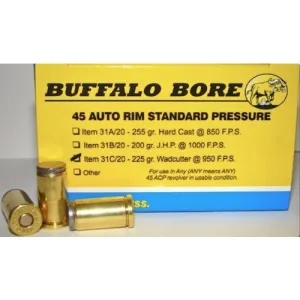 BUFFALO BORE 45 ACP 225Gr Wadcutter (950FPS/ME 451 ft lbs) 20rd