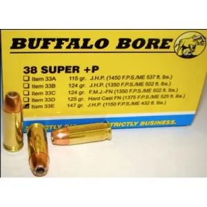 BUFFALO BORE 38 Super +P 147Gr JHP (1150FPS/ME 432 ft lbs) 20rd