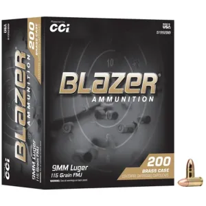 BLAZER AMMO 9mm Luger 115Gr FMJ Brass Trayed 200rd