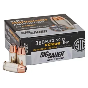 SIG SAUER Elite Defense 380 ACP 90 gr V Crown Jacketed Hollow Point Ammunition | 50 Rounds