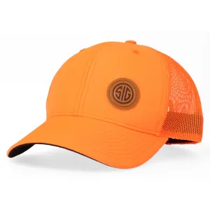 SIG SAUER BLAZE ORANGE RICHARDSON TRUCKER WITH LEATHER PATCH
