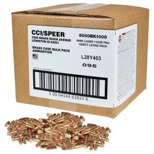 CCI Blazer Brass Handgun Ammunition 9mm Luger 115gr FMJ 1145 fps 1000/ct Loose Bulk Pack