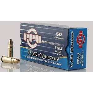 PPU Handgun Ammunition 7.63mm Mauser 85 gr FMJ 1510 fps 50/ct