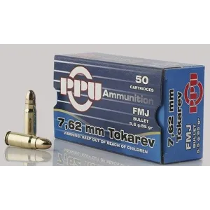 PPU Handgun Ammunition 7.62mm Tokarev 85 gr FMJ 1720 fps 50/ct