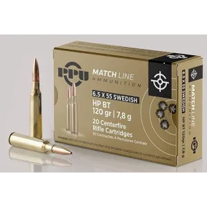 PPU Match Rifle Ammunition 6.5mm x 55 Swedish Match 120 gr HPBT 2723 fps 20/ct