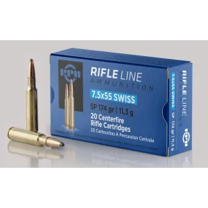 PPU Rifle Ammunition 7.5x55mm Swiss 174 gr SP 2525 fps - 20/ct