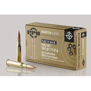 PPU Match Rifle Ammunition 7.62mm x 54R Match 182 gr FMJ-BT 2625 fps 20/ct