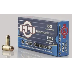 PPU Handgun Ammunition 9mm x 18 Makarov 93 gr FMJ 50/ct