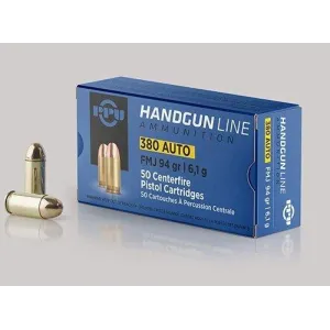 PPU Handgun Ammunition .380 ACP 94 gr FMJ 951 fps 951 fps 50/ct