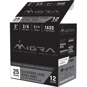 Migra Waterfowl Steel Shot Shotshell 12 ga 3" 1-1/4 oz 1430 fps #2, 4 25/ct