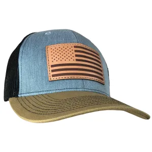 Outdoor Cap Heathered Grey/Blk/ Old Gold Trucker w/USA Flag Leather Patch