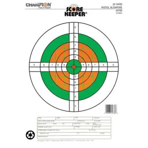 Champion Scorekeeper Targets Fluorescent Orange & Green Bull - 25 yd. Pistol Slow Fire, 12/Pack