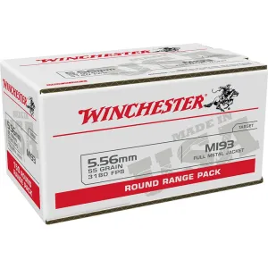 Winchester USA Lake City M193 Rifle Ammunition 5.56X45 NATO 55 gr. FMJ 3240 fps 100/ct