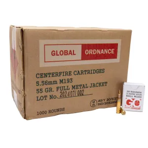 Global Ordnance M193 Rifle Ammunition 5.56X45 NATO 55gr FMJ 3162 fps 1000/ct Case (50-20/ct)