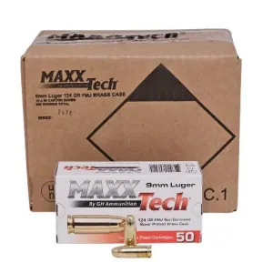 MAXXTech Handgun Ammunition 9mm Luger 124gr FMJ 1126 fps 1000/ct (20-50/ct)