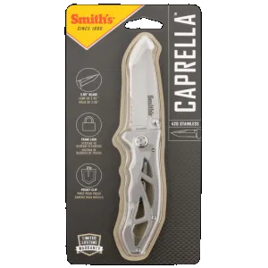 Smiths Products 51009 Caprella 2.95" Folding Drop Point Part Serrated Bead Blasted 400 SS Blade/Silver Skeletonized Stainless Steel Handle Includes Pocket Clip