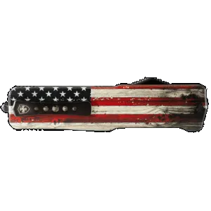 Templar Knife Premium Weighted Wood US Flag Slim 3" OTF Tanto Plain Black Oxide Stonewashed Powder Coated D2 Steel Blade, 4.50" Painted Wood Grain US Flag Aluminum Handle