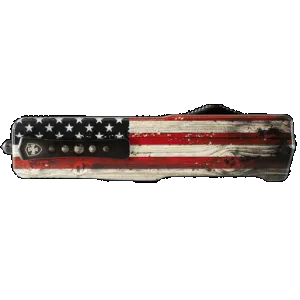 Templar Knife Premium Weighted Wood US Flag Slim 3" OTF Tanto Part Serrated Black Oxide Stonewashed Powder Coated D2 Steel Blade, 4.50" Painted Wood Grain US Flag Aluminum Zinc Alloy Handle