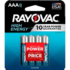 Rayovac 8248T102 AAA HIGH ENREGY Alkaline Batteries Silver/Blue 1.5 Volts 1,123 mAh (8) Single Pack