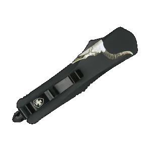 Templar Knife Gen II Badlands Slim 3.43" OTF Tanto Plain Black Oxide Stonewashed 440C SS Blade, 5.05" Black w/Cattle Skull Aluminum Handle, Glass Breaker
