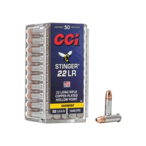 CCI 0050 Varmint Stinger 22 LR 32 gr Copper Plated Hollow Point (CPHP) Rimfire Ammo - 50 Rounds