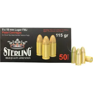 Sterling 9mm 115gr FMJ Brass Ammunition - 50 rounds - 8698779955748