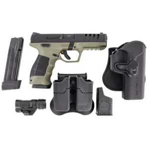 SAR USA SAR9-X Semi-Auto 9mm Pistol, 4.4\" Barrel, 19+1, Thumb Safety, Includes Holster, Magazine Pouch, and Flashlight, OD Green Cerakote - SAR9XODBL