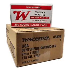 Winchester Ammo USA9W USA Centerfire 9mm Luger 115 GR Full Metal Jacket, Brass, Boxer, Reloadable - 1000 Round Case