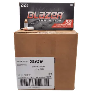 CCI Case - 3509 Blazer 9mm Luger 115 GR Full Metal Jacket, Aluminum Case, Non-Corrosive - 1000 Round Case