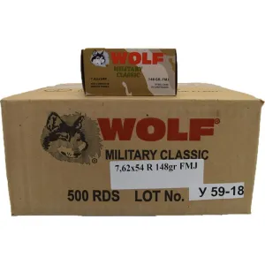 Wolf Performance 7.62X54R Ammunition, 148 GR FMJ, Non-Corrosive Steel Cased, Coated - 500 Round Case