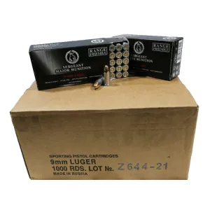 Tula Ammo Premium Grade 9mm Luger - 115 Grain FMJ - Zinc Plated Steel Case - Non-Corrosive - 1000 Rounds - by Sergeant Major Munition - - SMM1KZP9
