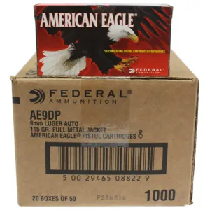 American Eagle Case, 9mm 115 GR FMJ Ammo AE9DP, Brass, Boxer, Reloadable - 1000 Round Case