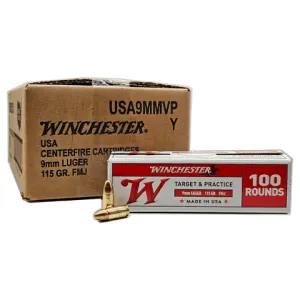 Winchester Ammo USA9MMVP Best Value 9mm Luger 115 GR Full Metal Jacket, Brass, Boxer, Non Corrosive, New Factory Ammo - 1000 Round Case