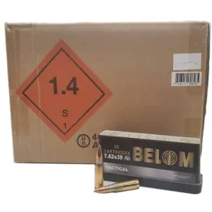Belom 7.62x39 Ammunition - Brass Cased, Boxer Primed, Reloadable, Non-Corrosive, 123 Grain Lead Core Full Metal Jacket, 480 Round Case