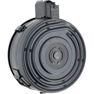 Original Romanian 7.62x39mm Black 75 Round Drum Magazine for Red Army AK-Platform Rifles, Flip Back Cover to Load.