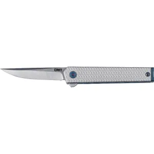 CRKT 7081 CEO Microflipper 2.36\" Drop Point Plain Satin 12C27 Sandvik Blade/Silver Textured w/Blue Liner & Accents Aluminum Handle Includes Pocket Clip