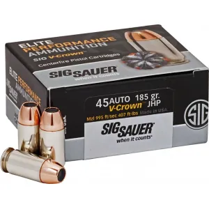 Sig Sauer E45AP050 Elite V-Crown 45 ACP 185 gr Jacketed Hollow Point (JHP) - 50rd Box